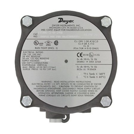 Dwyer Instruments Pressure Switch, Standard, SPDT, 1/8" FNPT, 0.4 to 1.6 in  H2O Range 1950G-1-B-24-NA